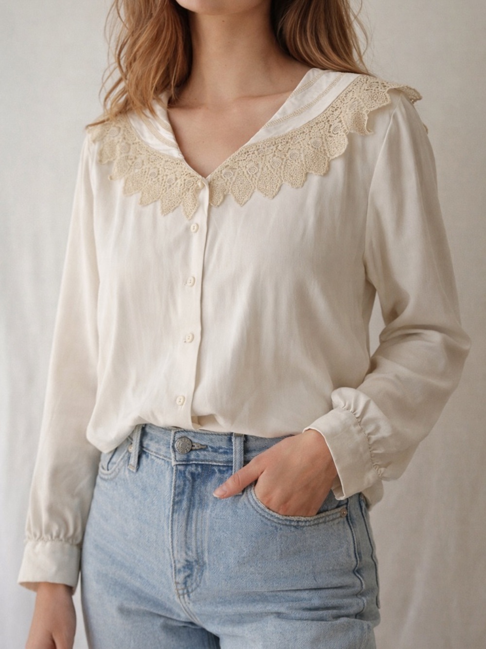 Romantic Lace Collar Ivory‎ Blouse Cottagecore Sailor Style Medium